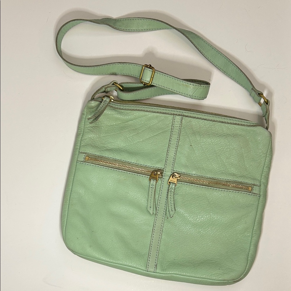 Fossil Light Green Leather Crossbody Bag